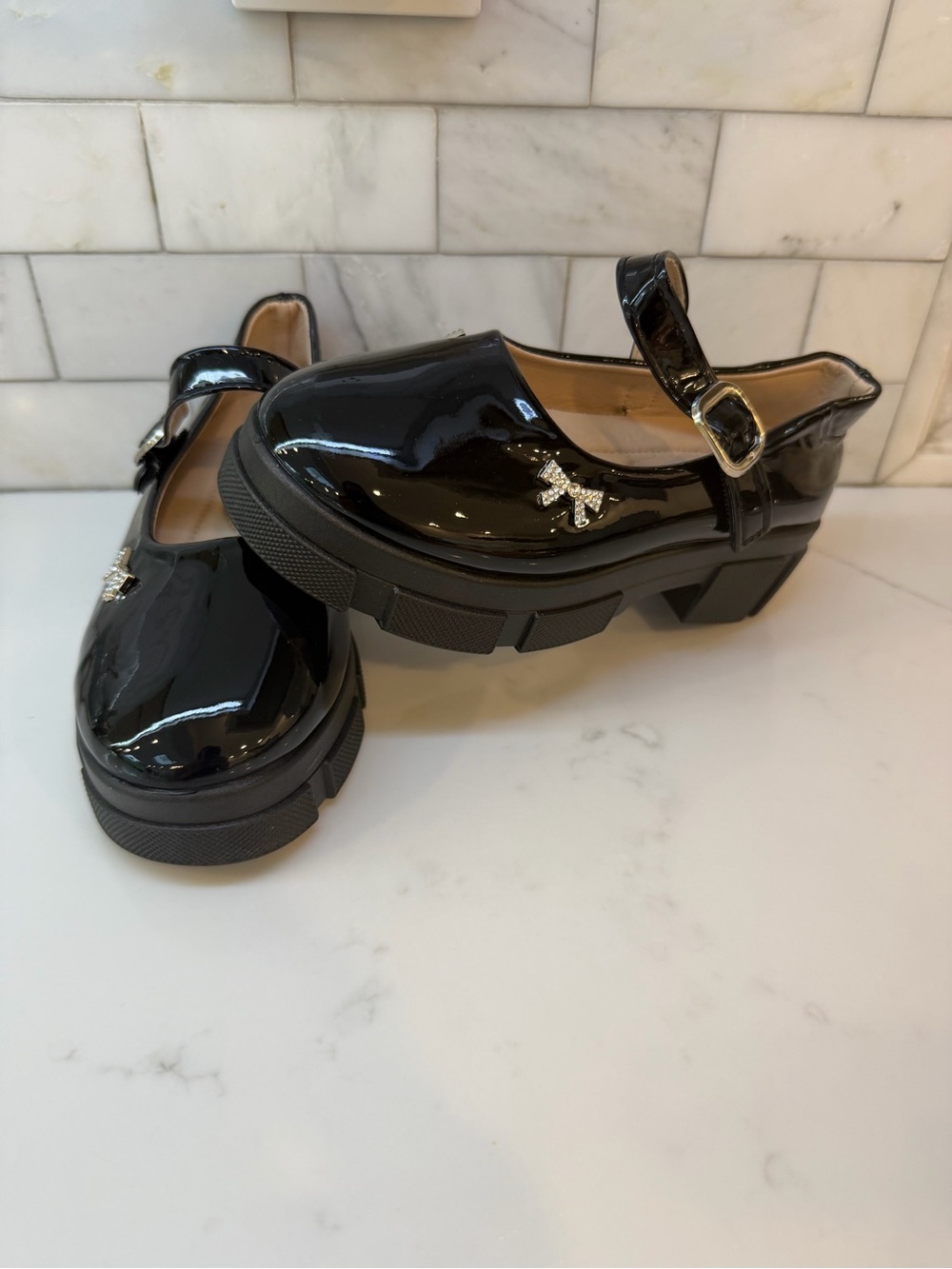 Girls' Black Patent Mary Jane Chunky Sole School Shoes